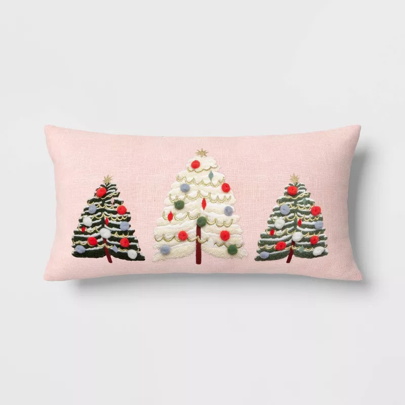 Embroidered Christmas Trees Lumbar Throw Pillow with Pom Poms - Threshold™ | Target