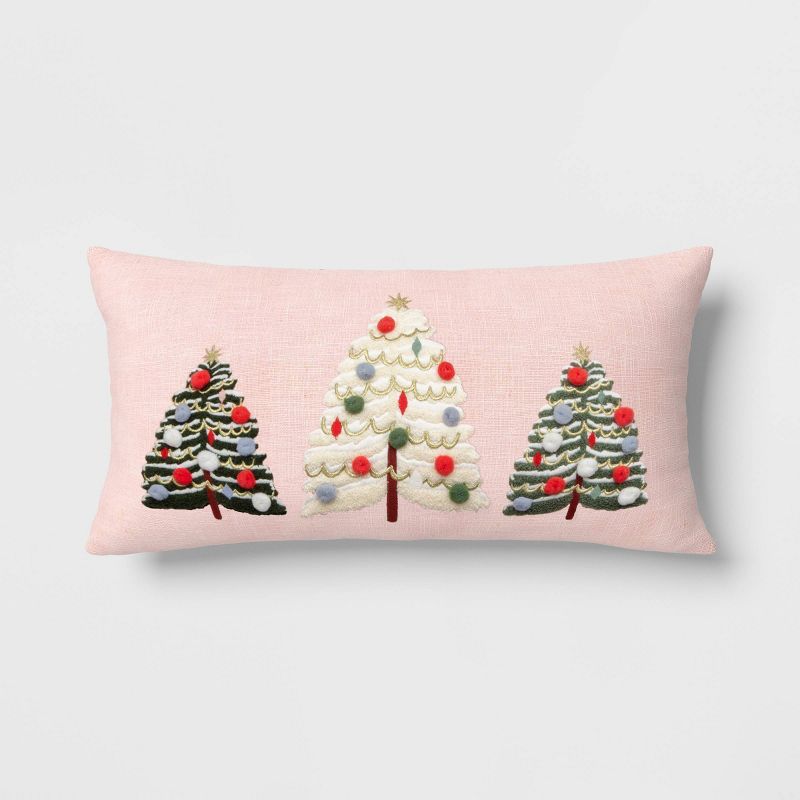 Embroidered Christmas Trees Lumbar Christmas Throw Pillow with Pom Poms - Threshold™ | Target