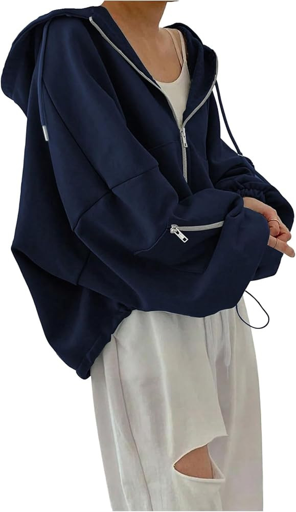 Women's Zip Up Drawstring Hoodie Long Sleeve Drop Shoulder Loose Sweatshirt Outerwear | Amazon (US)