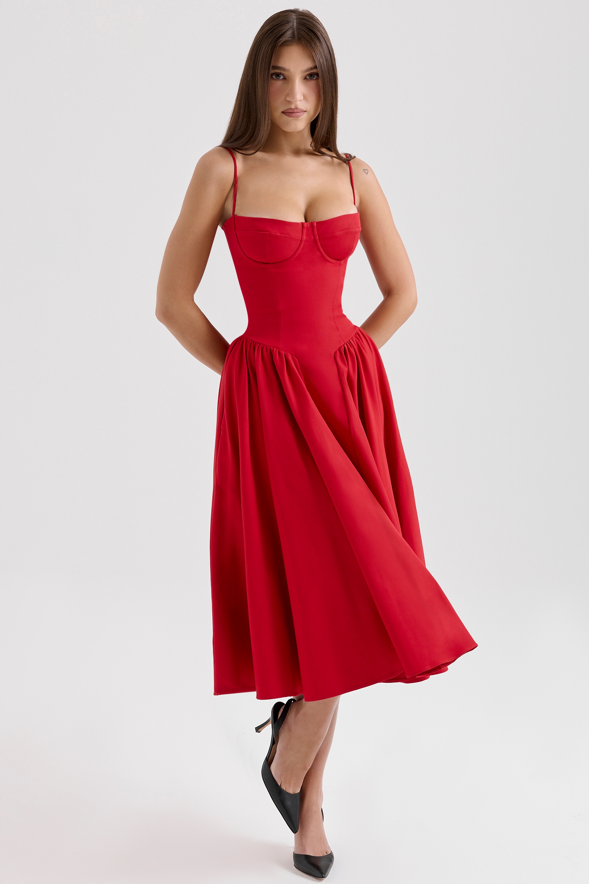 red gathered midi dress | House of CB