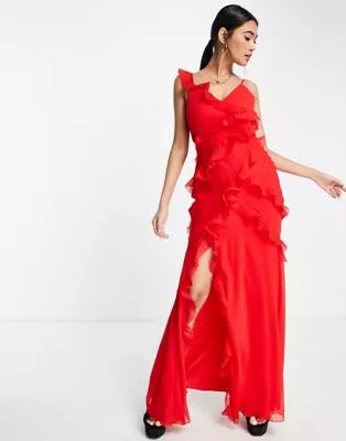 ASOS DESIGN tiered ruffle detail maxi dress with tie back and button side | ASOS (Global)