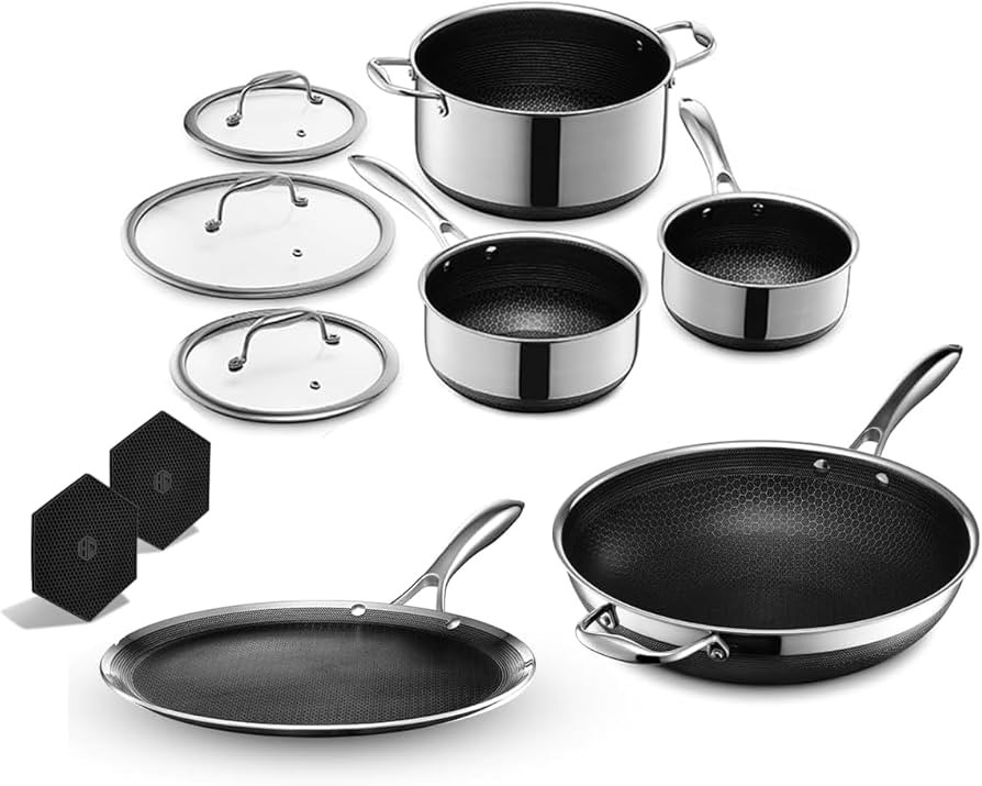 HexClad Hybrid Nonstick 10-Piece Cookware Set, 12" Wok, 12" Griddle, 2, 3, and 8Qt Pots with Lids... | Amazon (US)