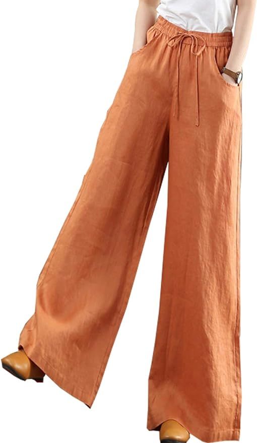 Hongsui Women's Cotton Linen Palazzo Pants Drawstring Waist Wide Leg Loose Trousers with Pockets | Amazon (US)