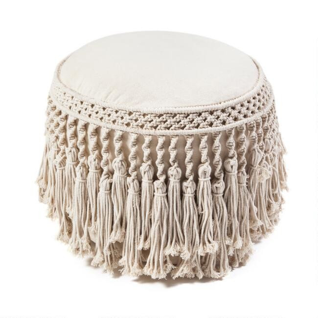 Ivory Macrame Tassel Pouf | World Market