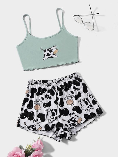 Cow Print Lettuce Trim PJ Set | SHEIN