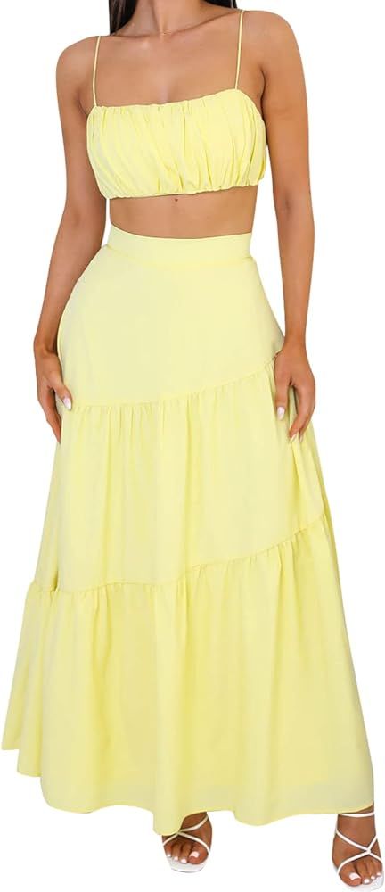 Women's 2 Piece Summer Outftis Casual Flowy Sleeveless Crop Top Back Knot High Waisted Long Skirt... | Amazon (US)