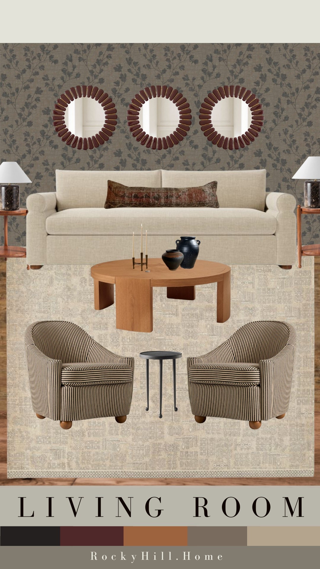 Modern traditional living room mood board featuring West Elm x Pierce & Ward furniture and vintage decor found on Etsy. 

neutral sofa, slipper chair, moody wallpaper, long lumbar rug pillow, round mirror, neutral rug, round coffee table, vintage vase, 3 candle holder, small metal side table, marble table lamp

#LTKStyleTip #LTKHome #LTKFindsUnder100