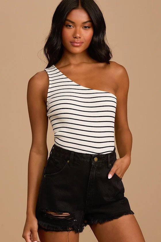 Look Over White Striped One-Shoulder Cropped Tank Top | Lulus (US)