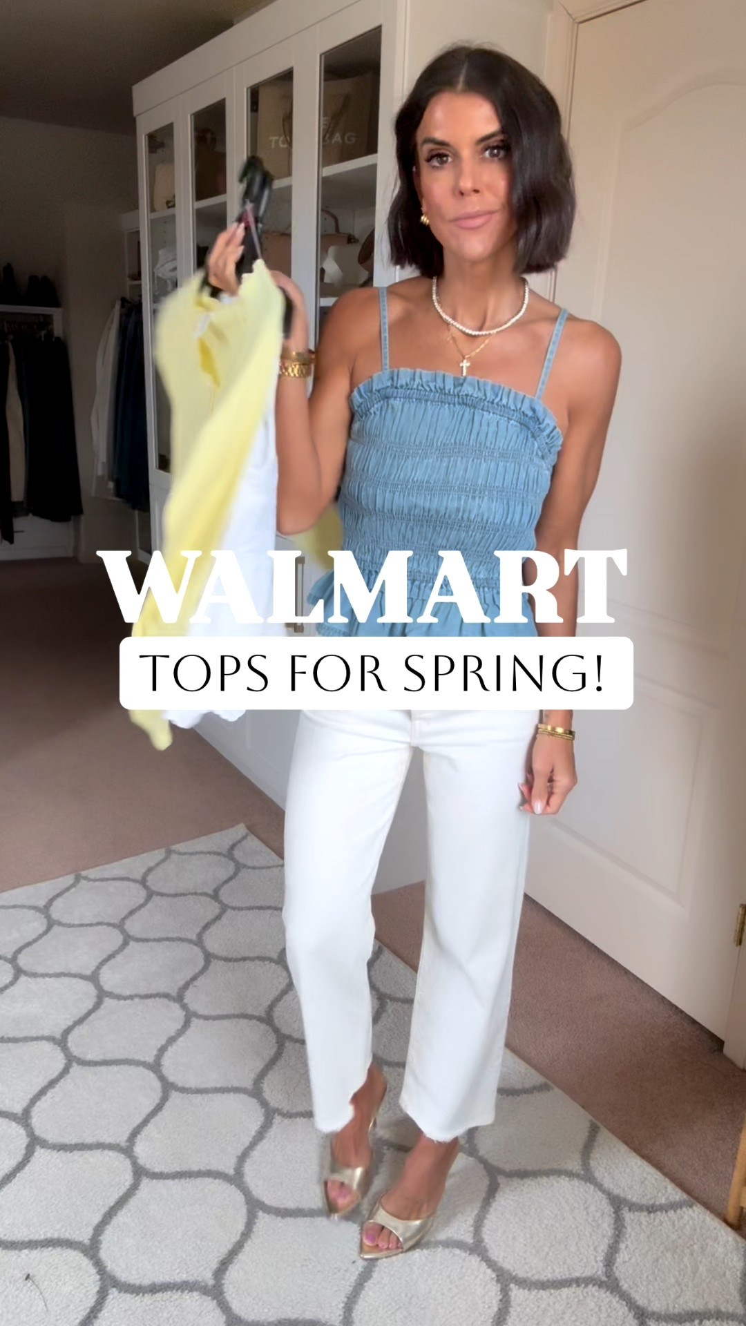 Walmart tops for spring!! I’m in size xs in denim top and eyelet top. Size small in blue tank and yellow top. Jeans fit true to size. I’m 5’5 for reference. 

#LTKgrwm #LTKootd #LTKSeasonal