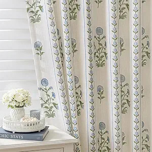 Floral Pinch Pleated Linen Curtains,Blue & Beige White,40" W x 84" L | Light Filtering, Memory Tr... | Amazon (US)