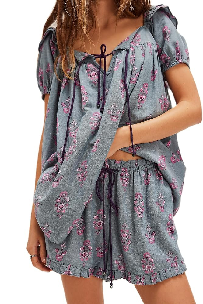 Women Floral Pajama Set Ruffle Puff Sleeve Peplum Shirt Coquette Pj Set Bow Babydoll 2 Piece Shor... | Amazon (US)