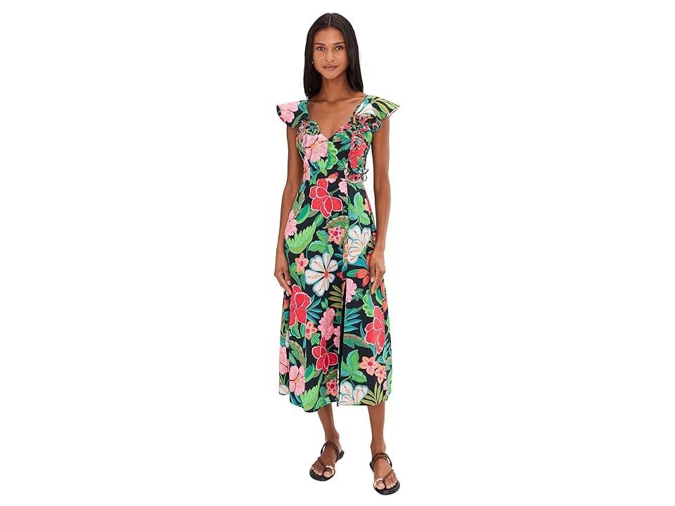 Adrianna Papell 3D Floral Print Midi Dress Women's Dress Black : 2, Cotton | Zappos