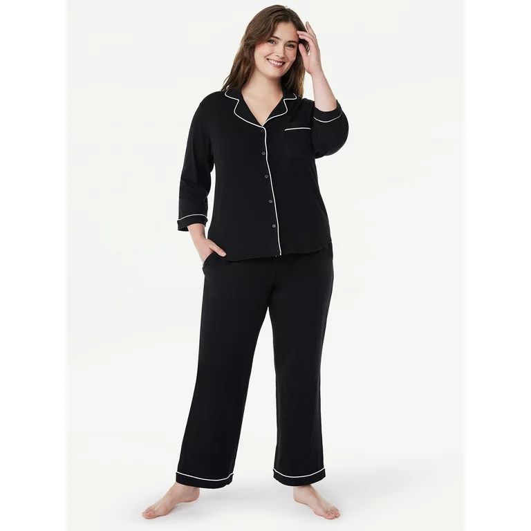 Joyspun Women’s Cotton Blend Notch Collar Top and Pants Pajama Set, 2-Piece, Sizes S to 4X | Walmart (US)