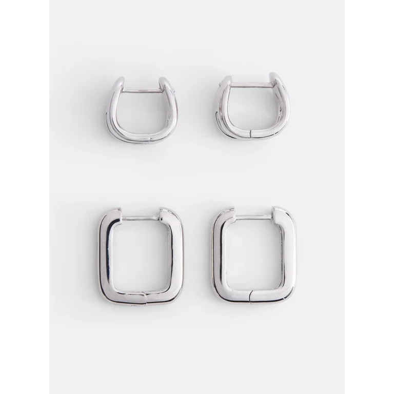 Free Assembly Women's Demi Fine Silver Plated Square Hoop Earring Set, 2-Pairs | Walmart (US)