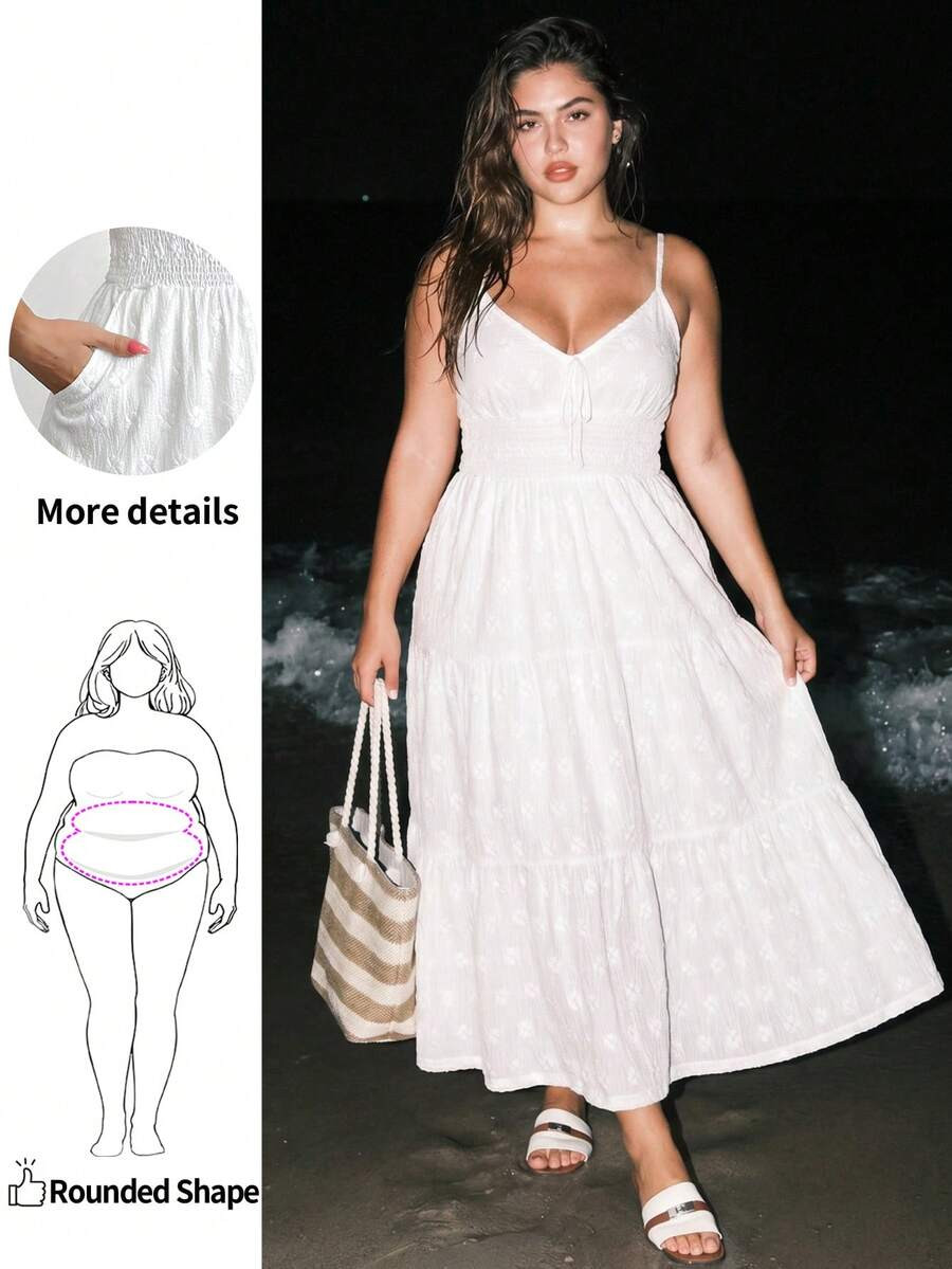 Plus-Size Women's Mid-Length White Summer Slip Dress, Featuring Pocket Design And Elastic Waist D... | SHEIN