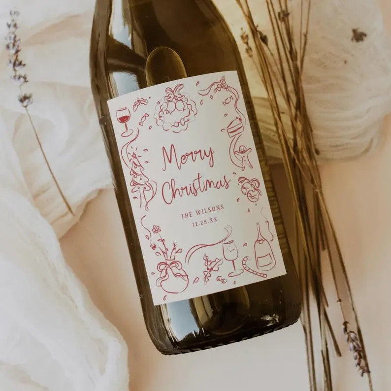 Christmas Wine Label Template Whimsical Holiday Hand Drawn Bottle Label Editable Holiday Party Fa... | Etsy (US)