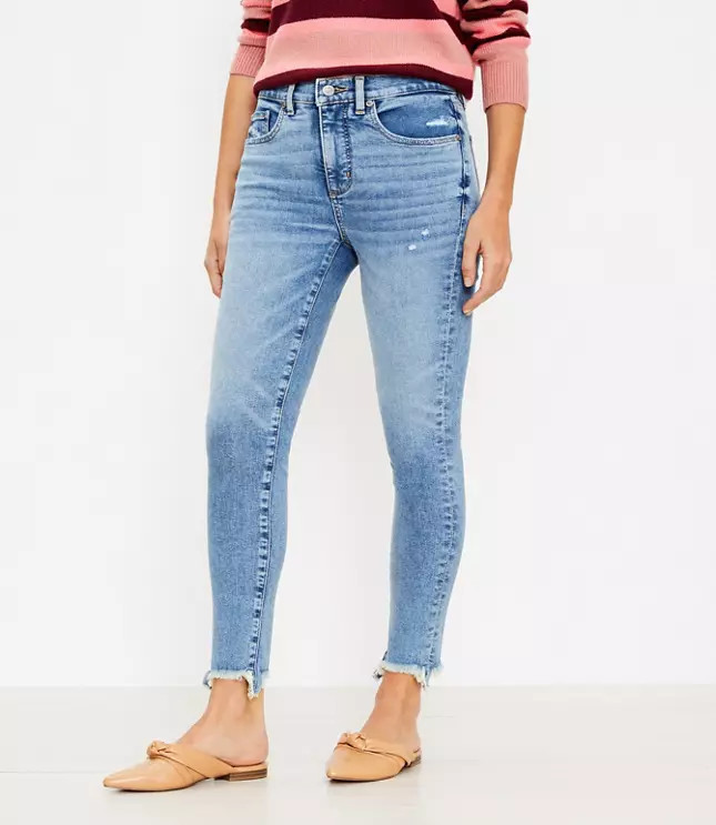 Curvy Chewed Hem Mid Rise Skinny Jeans in Authentic Indigo | LOFT