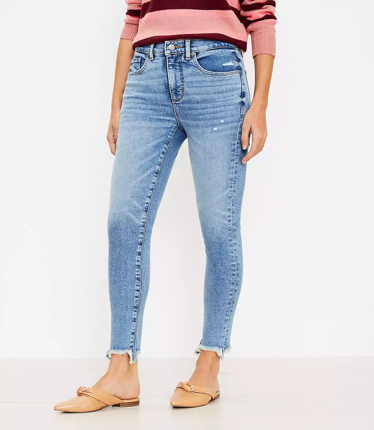 Curvy Chewed Hem Mid Rise Skinny Jeans in Authentic Indigo | LOFT