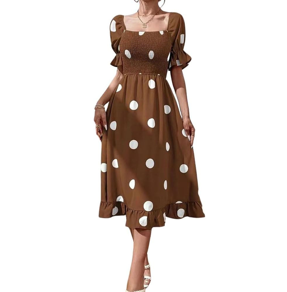 chouyatou Women's Vintage Polka Dot Puff Sleeve Smocked Dress Ruffle Hem A-Line Beach Party Midi ... | Amazon (US)