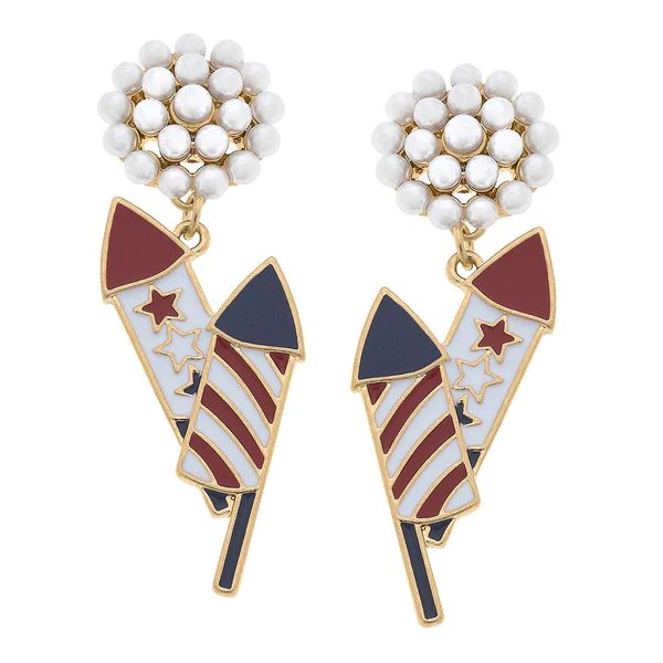4th of July Firework Pearl Cluster Enamel Earrings in Red and Blue | CANVAS