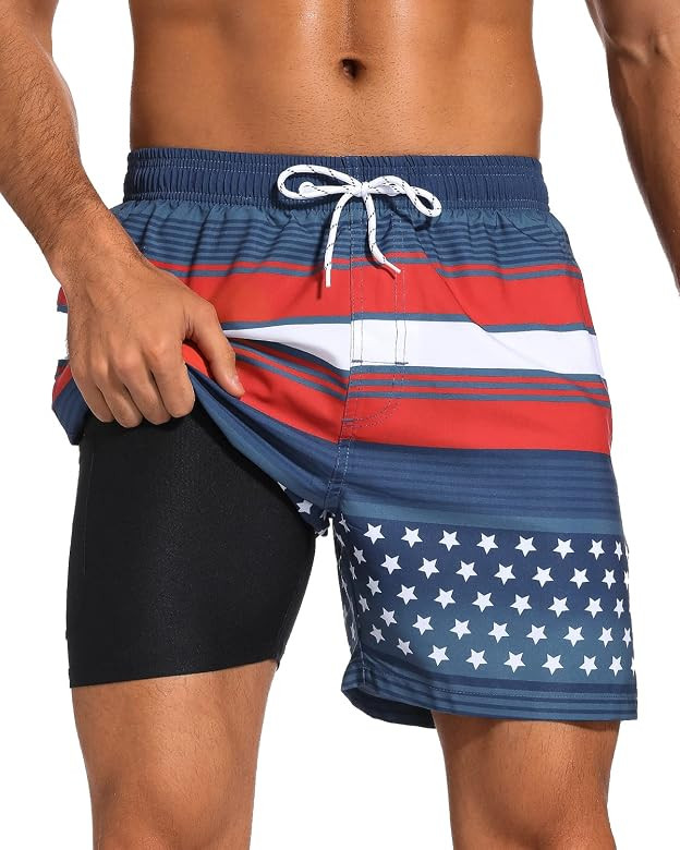SILKWORLD Quick Dry Mens Swimming Trunks with Compression Liner Bathing Suit Swim Shorts with Zip... | Amazon (US)