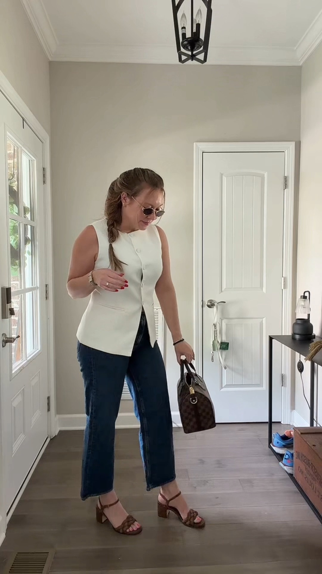 White tailored vest / tts wearing a medium 
Wide leg cropped jeans - tts wearing a 29
Brown sandal heels 
Two tone watch 
Two tone bracelet and ring 
Evil eye necklace
Gold sunglasses

#LTKootd #LTKdayinmylife #LTKWorkwear