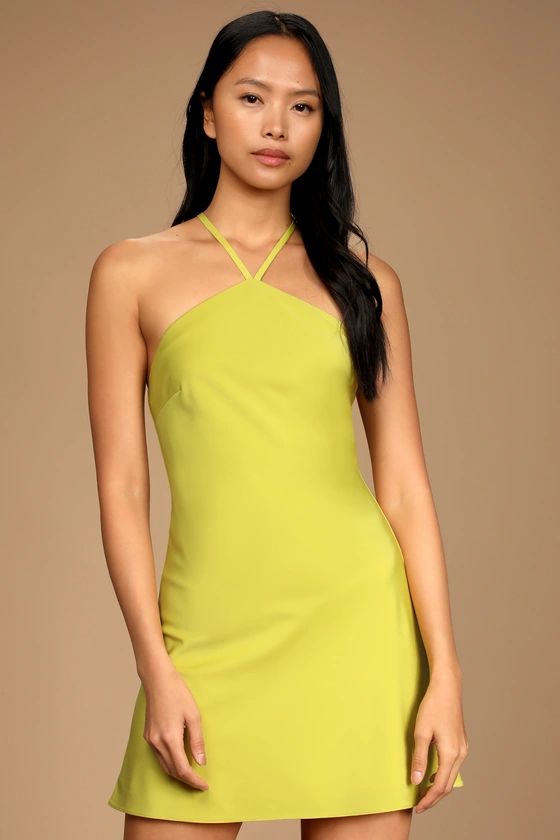 Rooftop Party Chartreuse Satin Halter Mini Dress | Lulus (US)