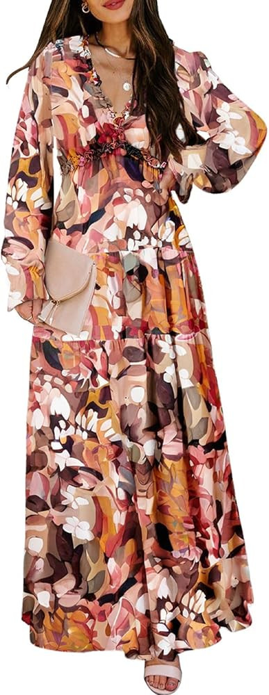 BLENCOT Womens Casual Boho Deep V Neck Short Sleeve Long Dress | Amazon (US)