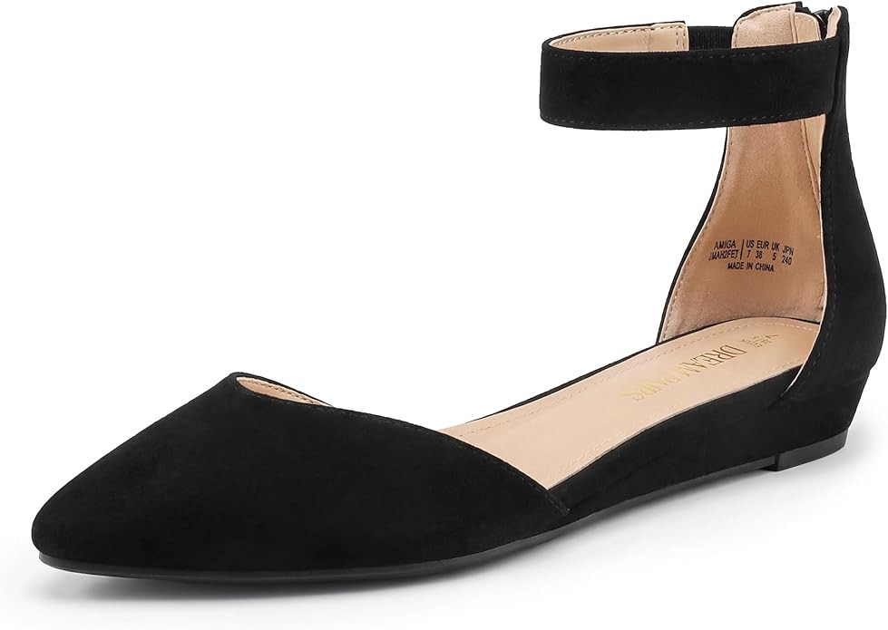 DREAM PAIRS Women's Low Wedge Pointed Toe Ankle Strap Dress Comfortable Casual Flats Shoes | Amazon (US)