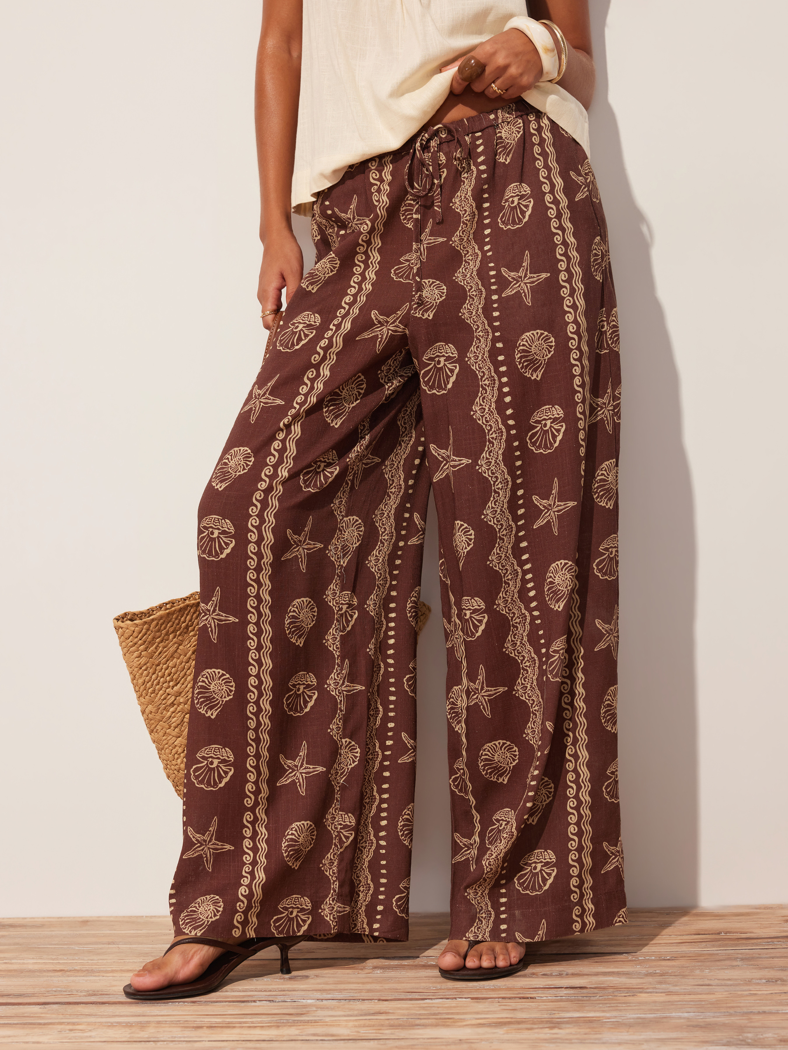 Linen-blend Low Rise Shell and Starfish Graphic Drawstring Wide Leg Trousers | Cider