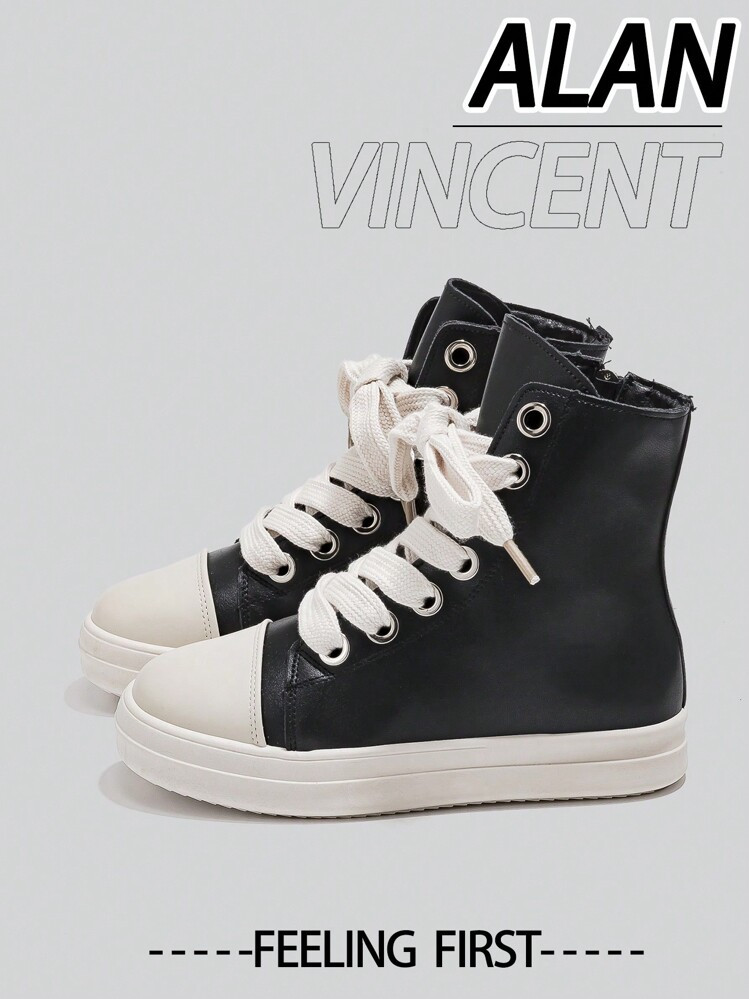Alan Vincent Black Shoes For Women 2025 New Style Women Boots High-Top Boots Women Lace-Up Zip Flat Boots Party Shoes For Women Daily Wear Ladies Shoes Casual Fashion Sneakers Outdoor Comfort Shoes Can Be Matched With Various Pants Jeans | SHEIN