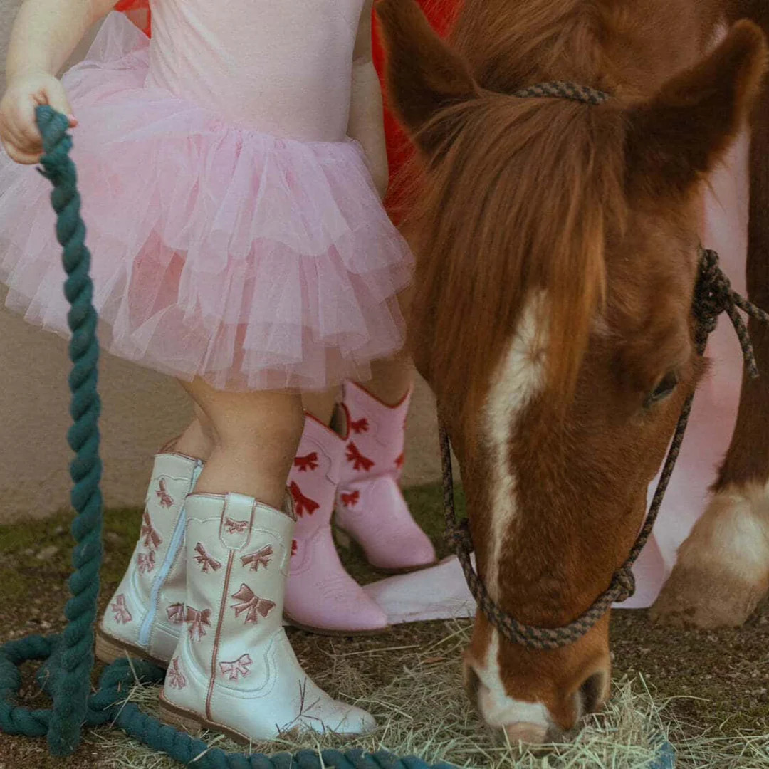 Cowgirl White + Pink Bow Boots | Wild and Rae