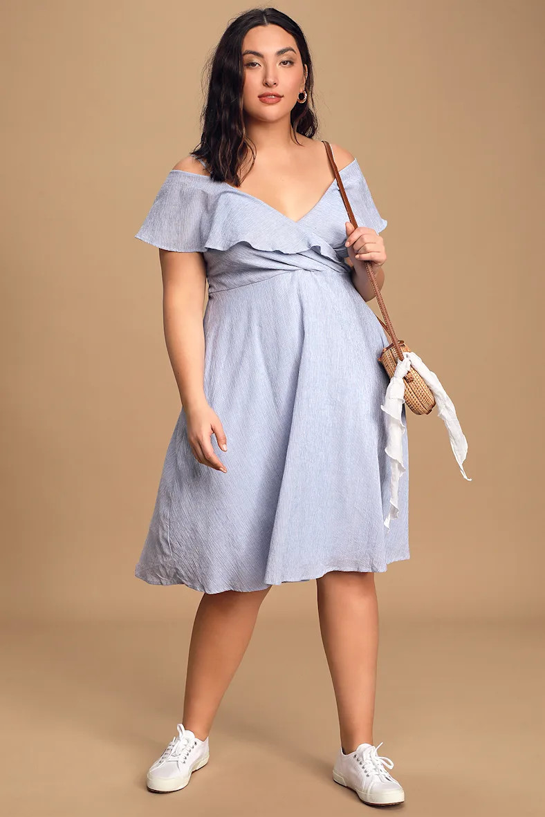 Yacht Rock Blue and White Striped Off-the-Shoulder Midi Dress | Lulus (US)