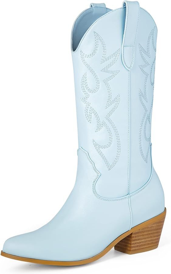 Women's Cowgirl Embroidered Western Cowboy Boots, Mid Calf Booties Pointed Toe Chunky Heel 5cm Pu... | Amazon (US)