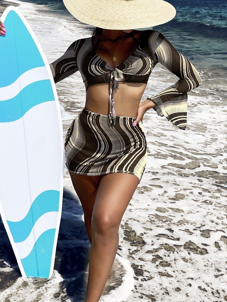 4pack Fluid Pattern Halter High Cut Bikini Swimsuit & Cover Up Sets | SHEIN
