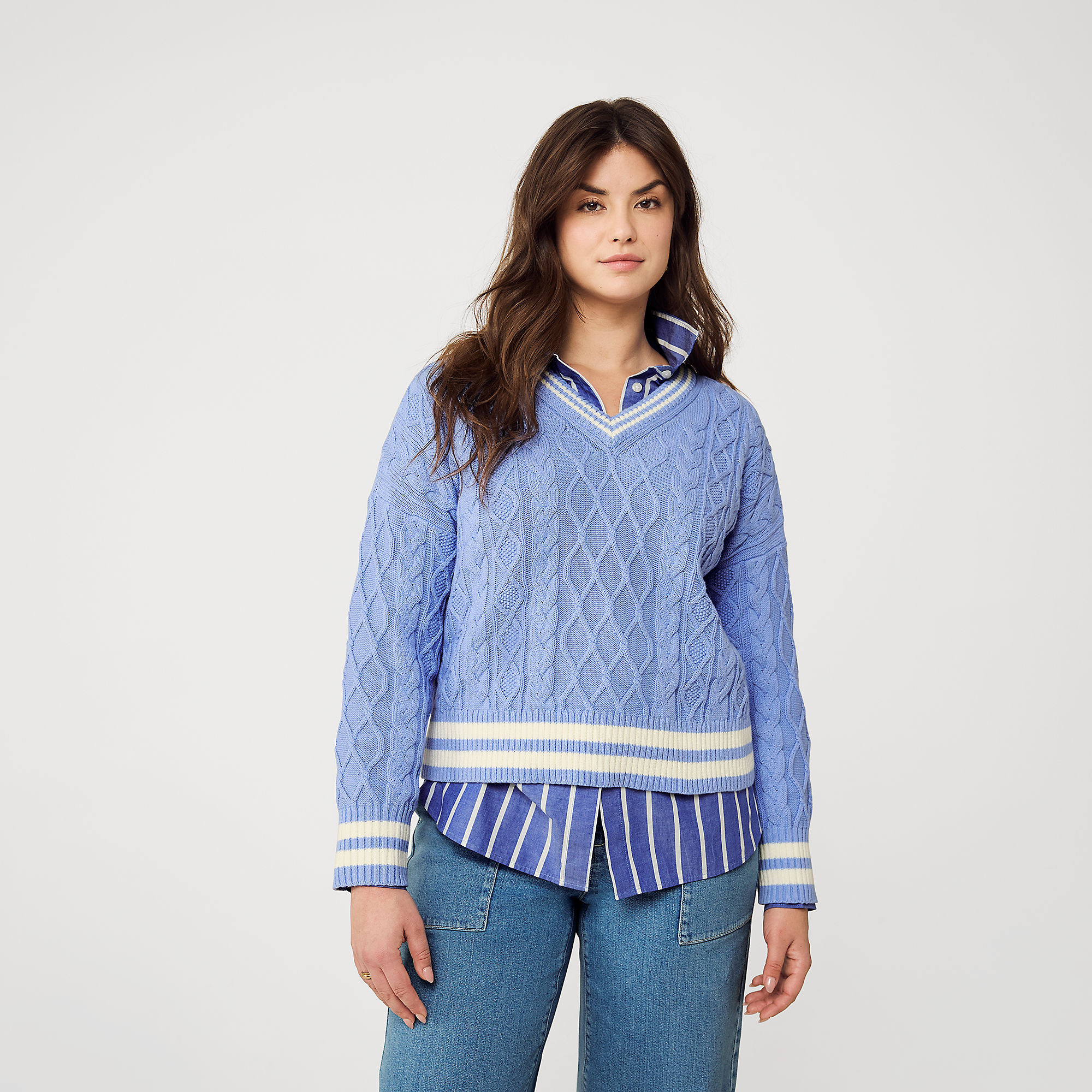 Women's Drifter Cable Vneck Sweater | Lands' End (US)