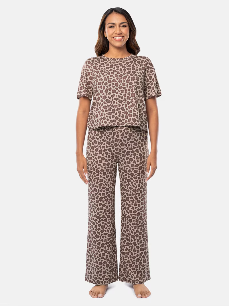 Fruit of the Loom Women's Soft and Breathable Short Sleeve Boxy Top and Wide Leg Pajama Set, Size... | Walmart (US)