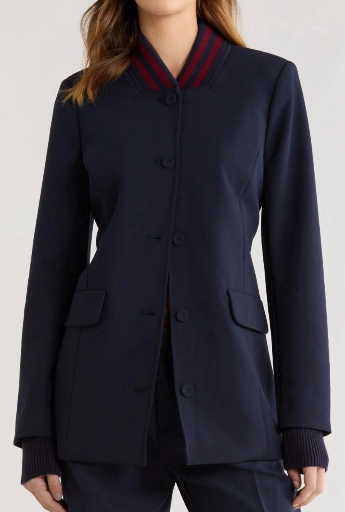 Jacket 

Add a cool, collegiate vibe to your office-ready look with this fitted blazer styled with a striped, ribbed blade collar and ribbed cuffs.