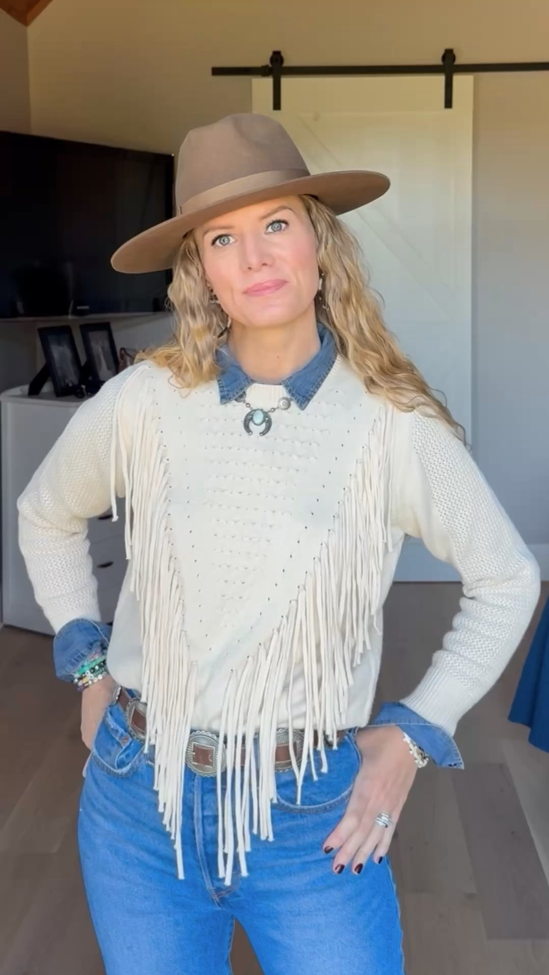 Western boho outfit

Size reference 5’ 9” 140 lbs

Fringe sweater - small

Western denim shirt - medium tall
(Mine is from gap a few years ago)

High rise straight leg jeans - 27 x 32
 
Cowboy boots - size up 1/2 size


Jeans outfit. Country concert outfit.
Fall concert outfit. Western style. Boho western. Cowboy boots outfit. #LTKVideo  western outfit. Wide leg jeans. Classic style. 

#LTKSaleAlert #LTKWatchNow #LTKFindsUnder50
