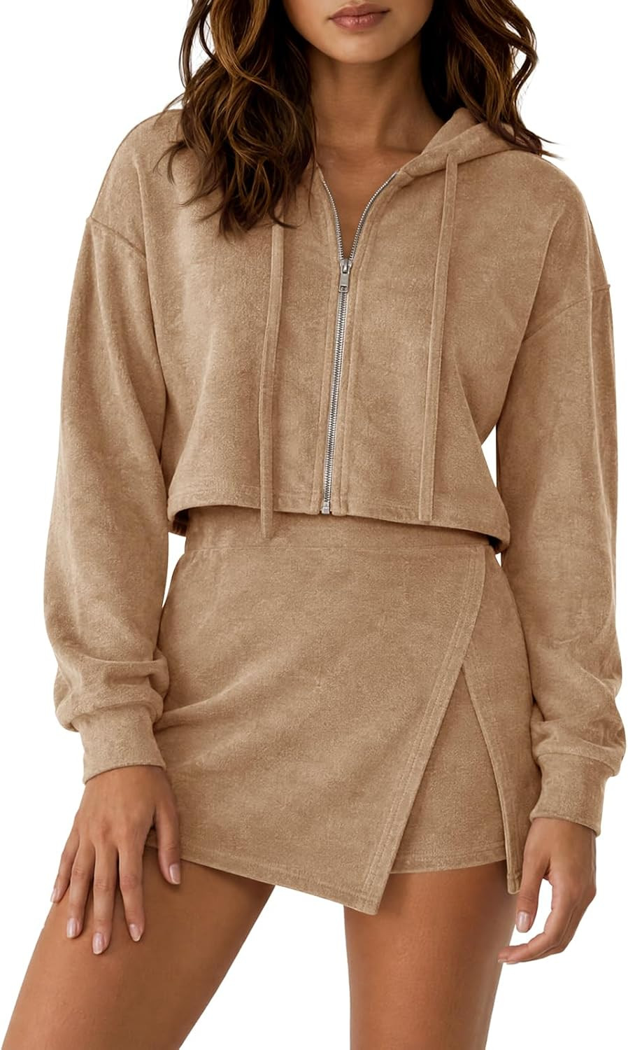 Fisoew Womens 2 Piece Skirt Set Zip Up Hoodie and Skort Sets Sweatsuits | Amazon (US)