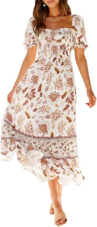 ZESICA Women's Summer Boho Floral Print Square Neck Ruffle Swing Beach Long Maxi Dress | Amazon (US)