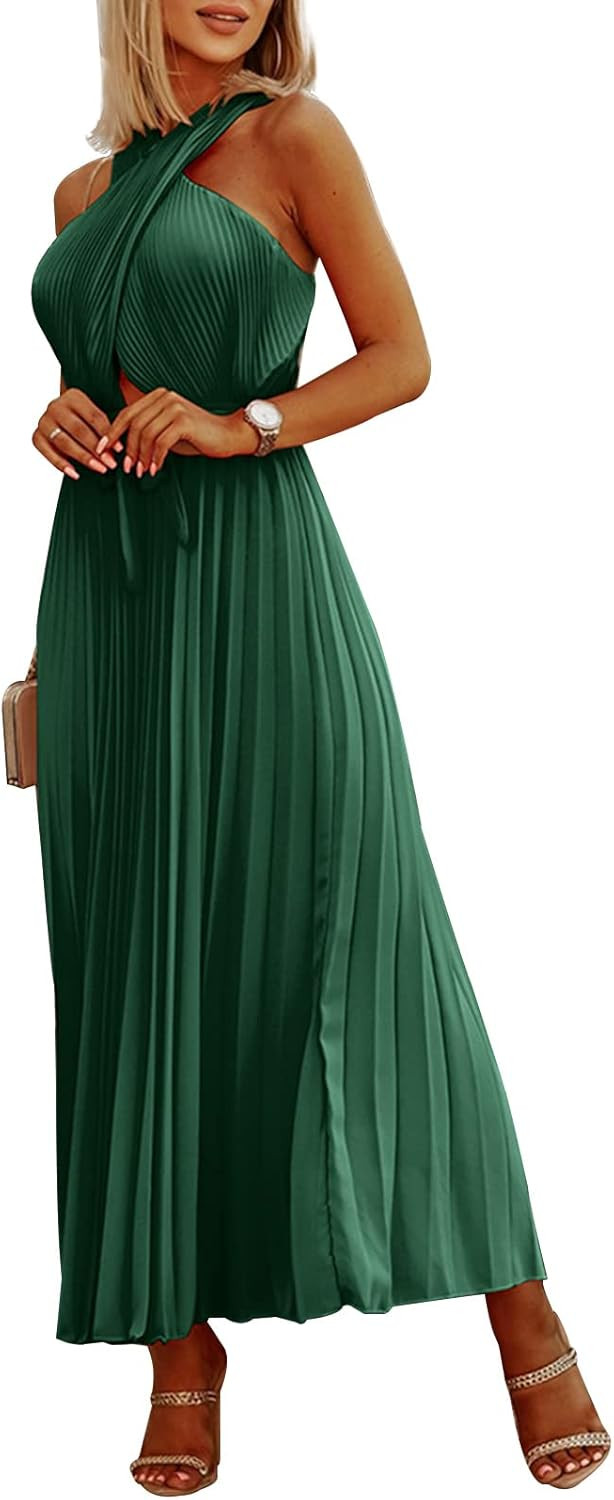 GEMEIQ Women's Casual Ruched Bodycon Pleated Dress Solid Halter Neck Cut Out Evening Party Long M... | Amazon (US)
