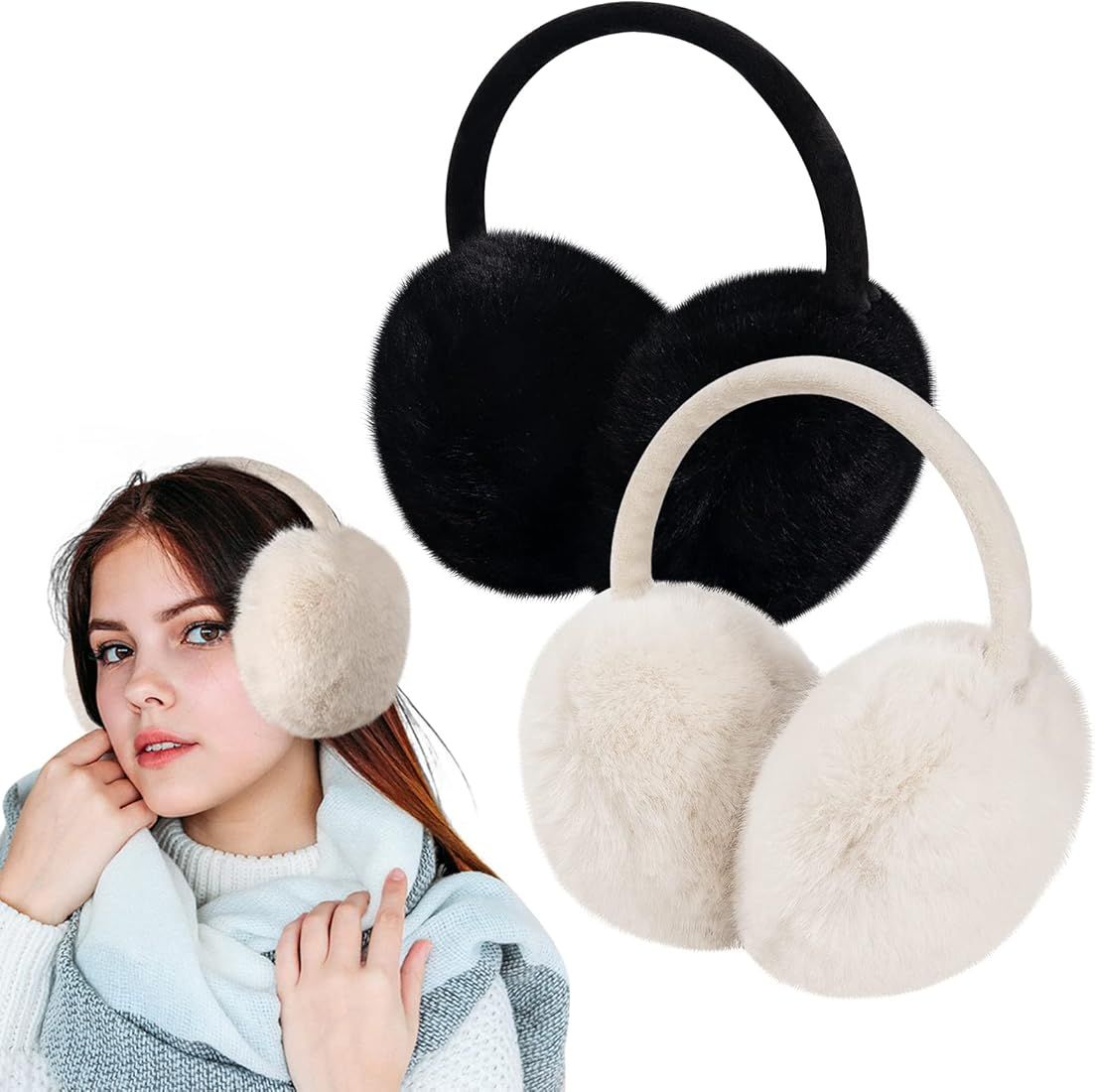 2 Pack Adjustable Faux Fur Earmuffs- Soft Warm Ear Muffs for Winter Women Men- Ear Covers Ear Warmer | Amazon (US)