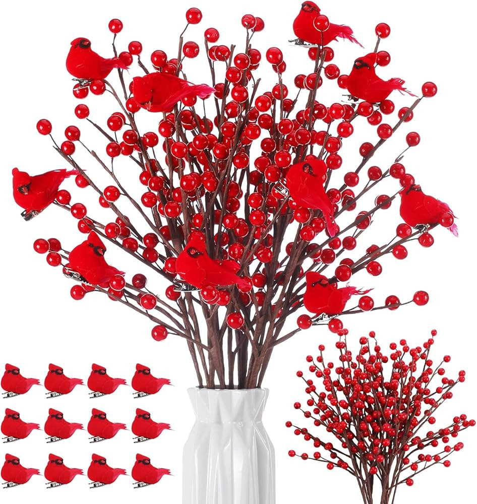 24 Pcs Artificial Red Berries Stems Red Cardinal Birds Set 16.5 Inch Christmas Red Berries Picks ... | Amazon (US)