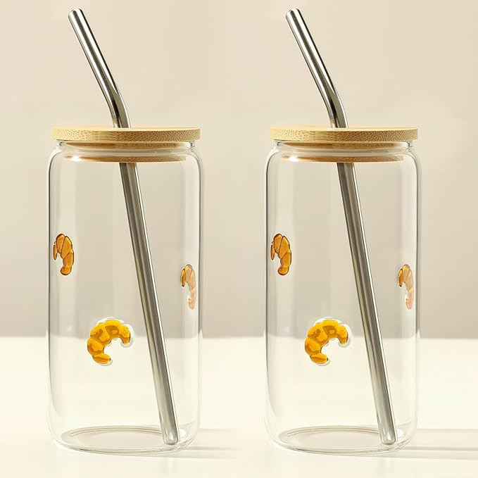 Honeydak 2 Pcs Icon Juice Glass Tumbler - 18 oz Croissant Icon Can Shape Glass Cups with Lid and ... | Amazon (US)