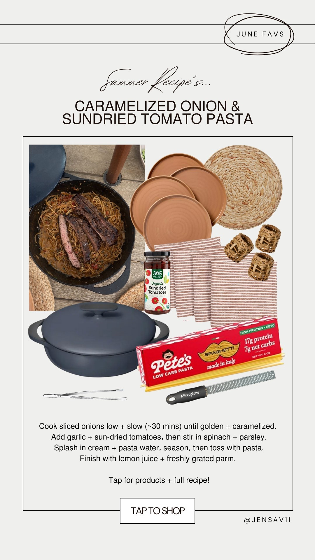 Cozy Caramelized Onion Pasta 🍝✨ This pasta is packed with slow-cooked flavor but super simple to throw together—perfect for a cozy night in. Made with pantry staples and a splash of cream (no heavy sauce needed), it’s rich, a little sweet from the onions, and finished with lemon + herbs for balance.

Everything I used is linked below—including the protein pasta, microplane grater, braiser cast iron pan, linen napkins, and my everyday plates.

✨ Ingredients: – 4 yellow onions, thinly sliced – 4 garlic cloves, minced – ¼ cup oil-packed sun-dried tomatoes, chopped – ½ cup chopped spinach – ¼ cup chopped fresh parsley – Splash of heavy cream (~2–3 tbsp) – Juice of ½ lemon – Salt + pepper, to taste – Cooked pasta (I used protein pasta!) – Reserved pasta water – Olive oil + optional pat of butter – Optional: grated parmesan for topping
✨ Instructions:
1. Caramelize onions low + slow (~30 mins) in olive oil (and butter if using) until golden and jammy.
2. Add garlic + sun-dried tomatoes. Cook 1–2 mins.
3. Stir in spinach + parsley; let wilt.
4. Add splash of cream + a bit of pasta water. Season with salt + pepper.
5. Toss in cooked pasta, add more pasta water as needed to coat.
7. Finish with lemon juice + parm if you’d like.

It’s lightened-up, cozy, and comes together in one pan. 

#LTKSummerEdit #LTKHome #LTKParties