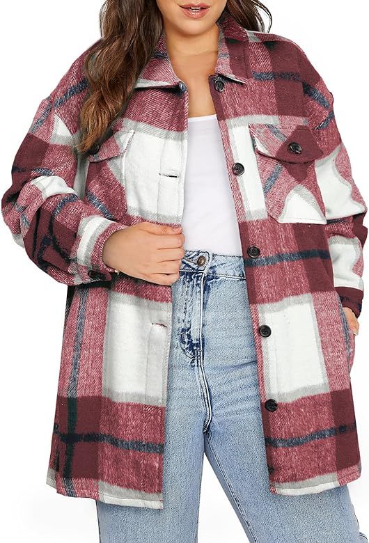 Eytino Womens Plus Size Long Sleeve Button Down Boyfriend Shirts Casual Plaid Shacket Jacket Coat... | Amazon (US)