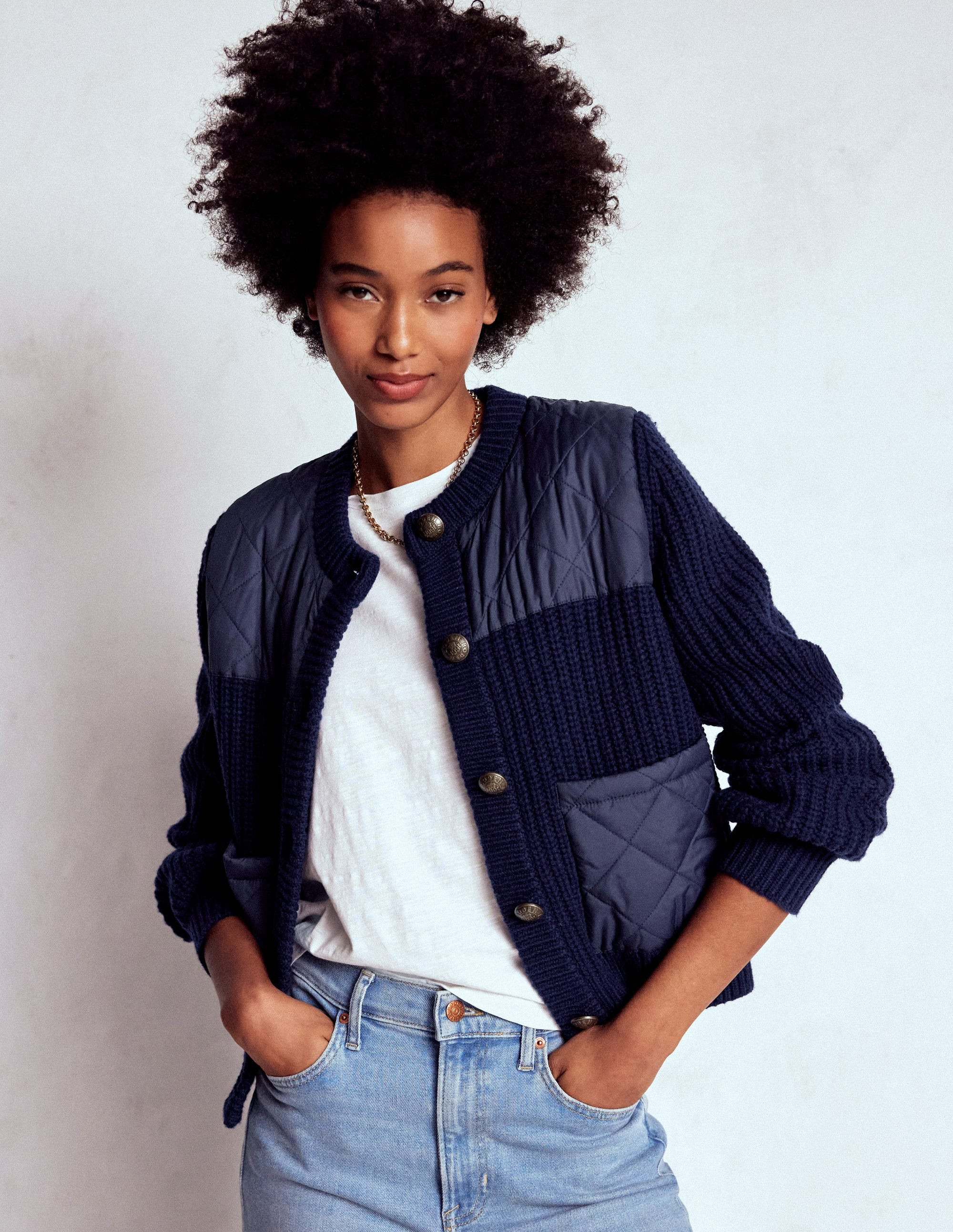 Short Quilted Knitted Jacket-Navy | Boden (US)