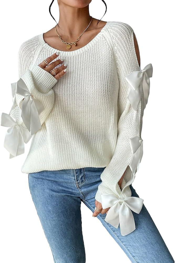Floerns Women's Bow Knot Cut Out Long Sleeve Ribbed Knit Pullover Sweater Tops | Amazon (US)