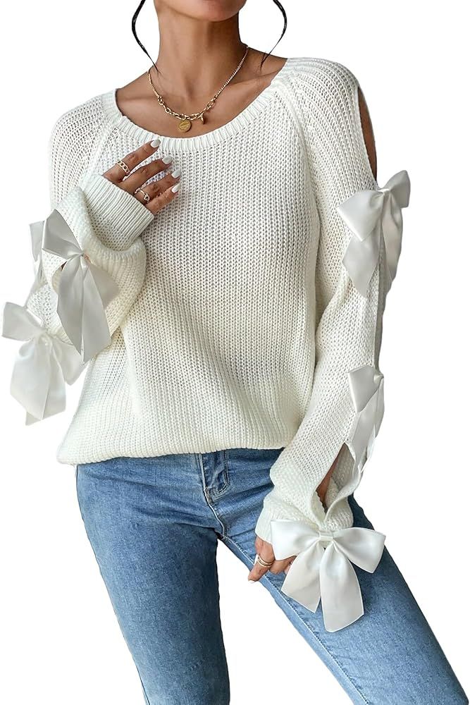 Floerns Women's Bow Knot Cut Out Long Sleeve Ribbed Knit Pullover Sweater Tops | Amazon (US)